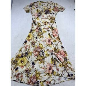 Anthropologie Floral V-Neck Wrap Maxi Dress Sz Sm Ivory Orange 30420T Spring